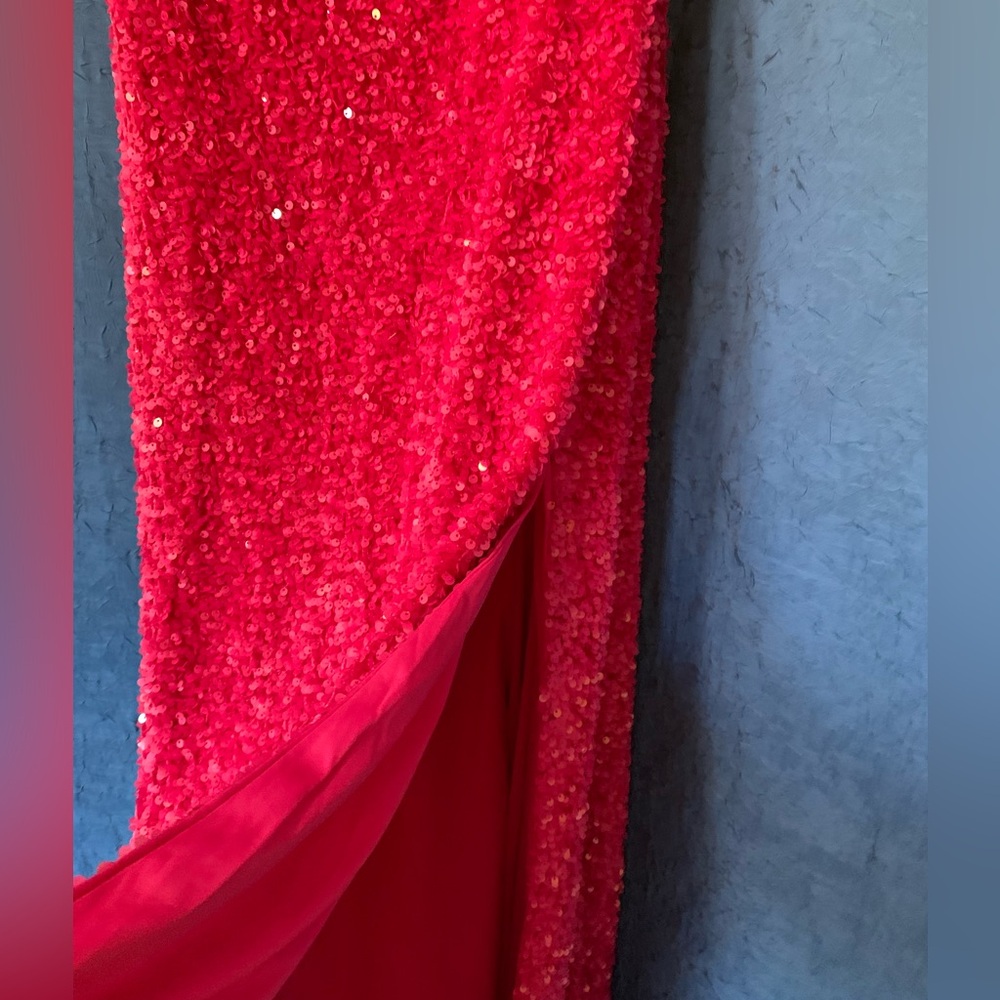 OneShoulder Column Sequin Gown Train Fuchsia Magenta Hot Pink Statement - Picture 14 of 15
